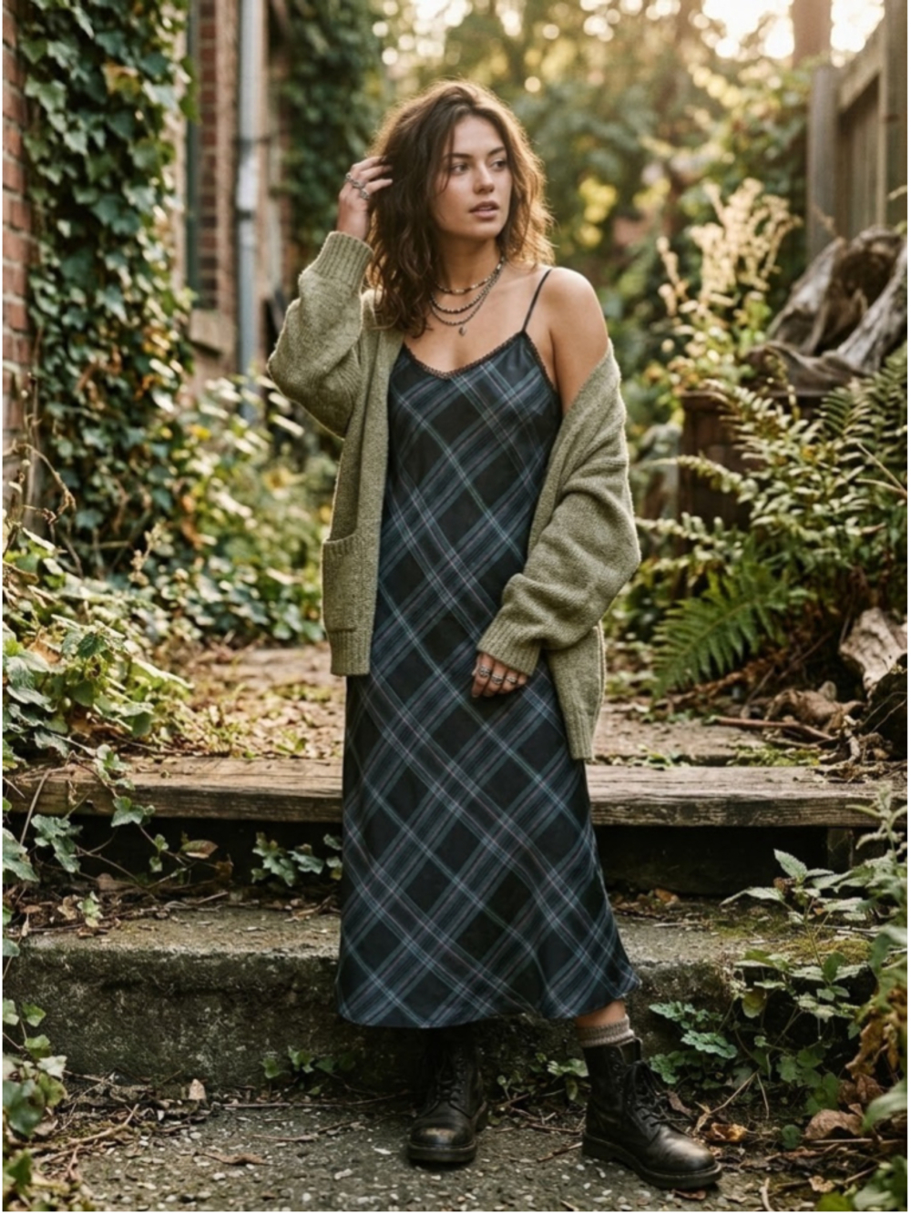 VINCE. Satin Midi Slip Dress Green Plaid Tartan Size XS Babydoll Grunge Retro